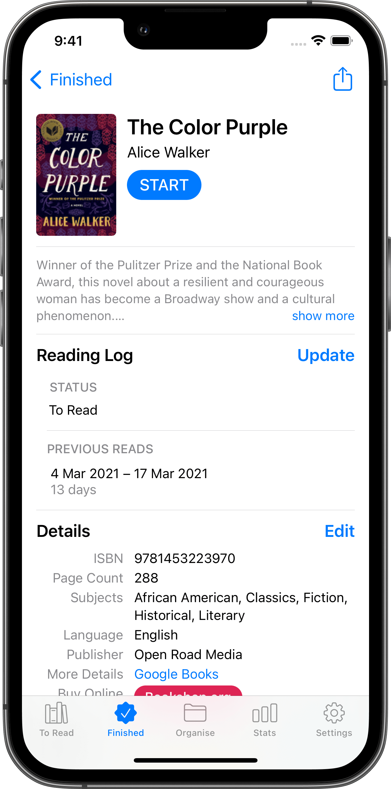 Book detail in the Reading List app