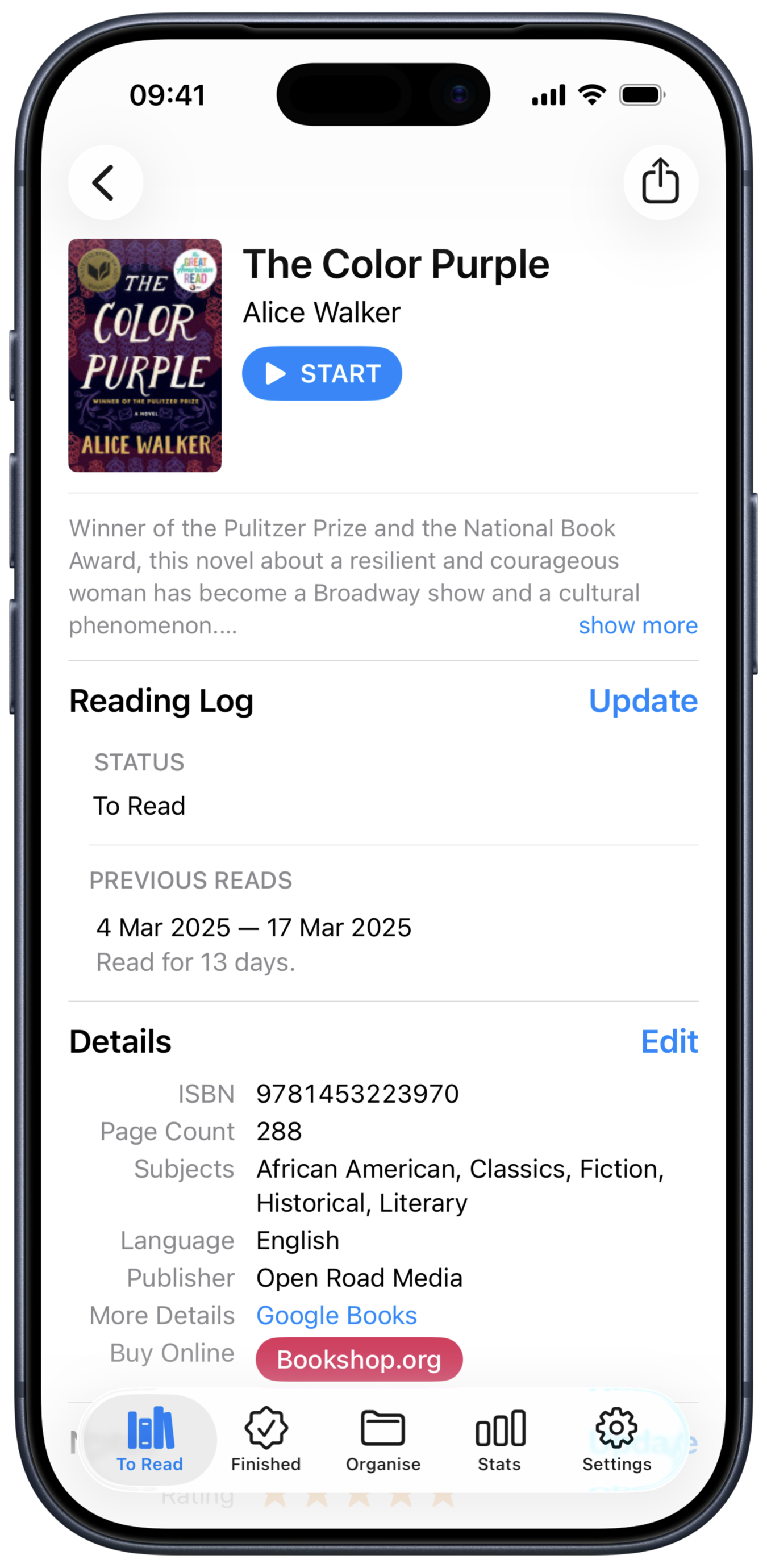 Book detail in the Reading List app
